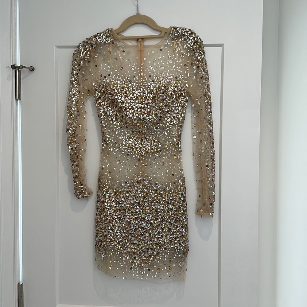 JOVANI Long Sleeve Jeweled Sheer Short Dress Size 0